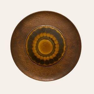 Woodbury Woodware hand turned tile inlay evil eye boho cottage vintage plate 10”